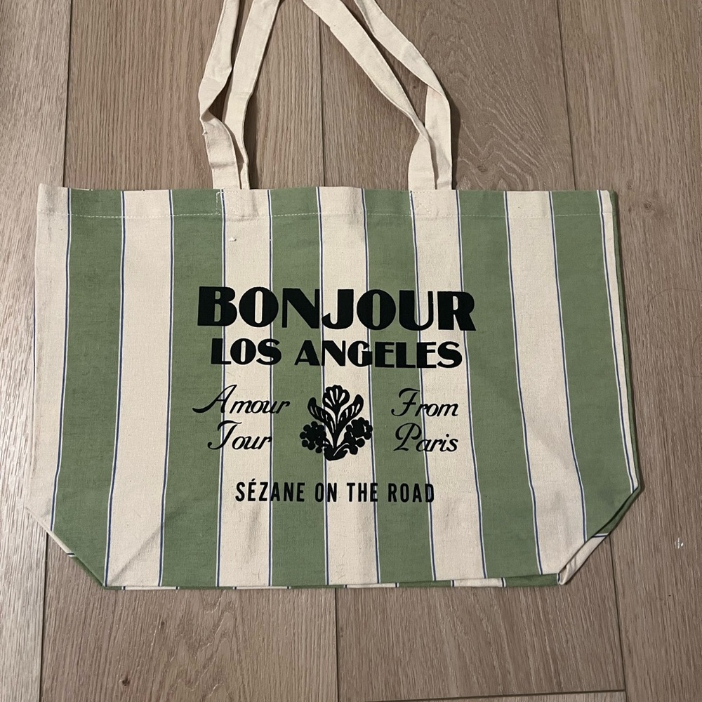 Sezane Green and Cream Canvas Tote